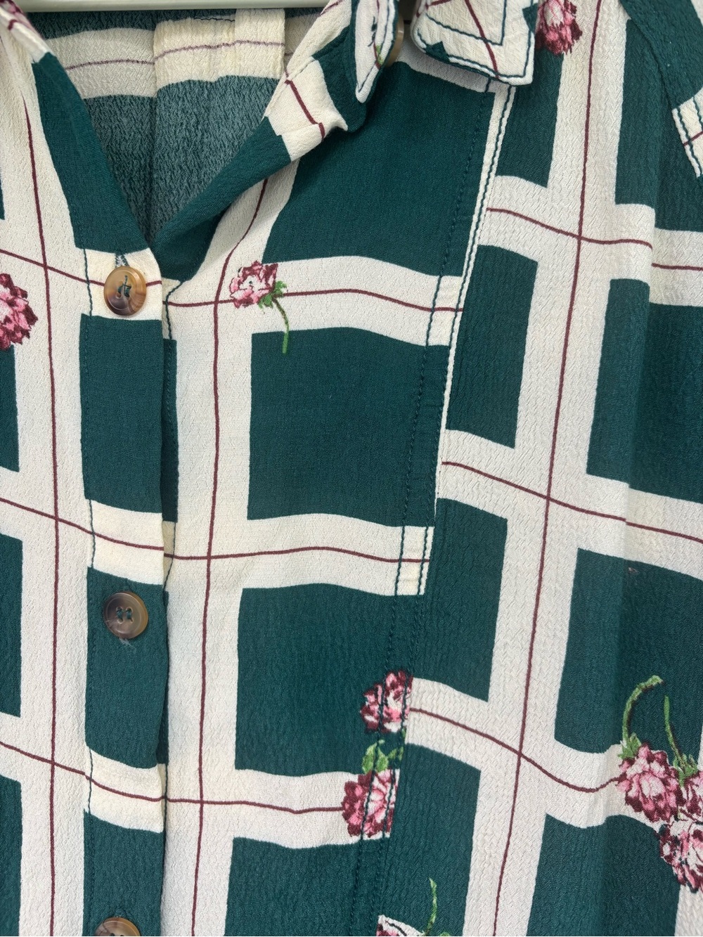 Free People Teal and Cream Floral Grid Shirt - Picture 3 of 5